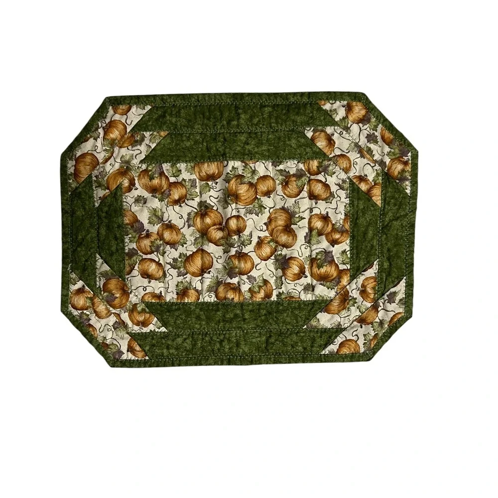 Handmade Quilted Pumpkin Placemats Set of 4 Green Orange Fall Harvest Decor